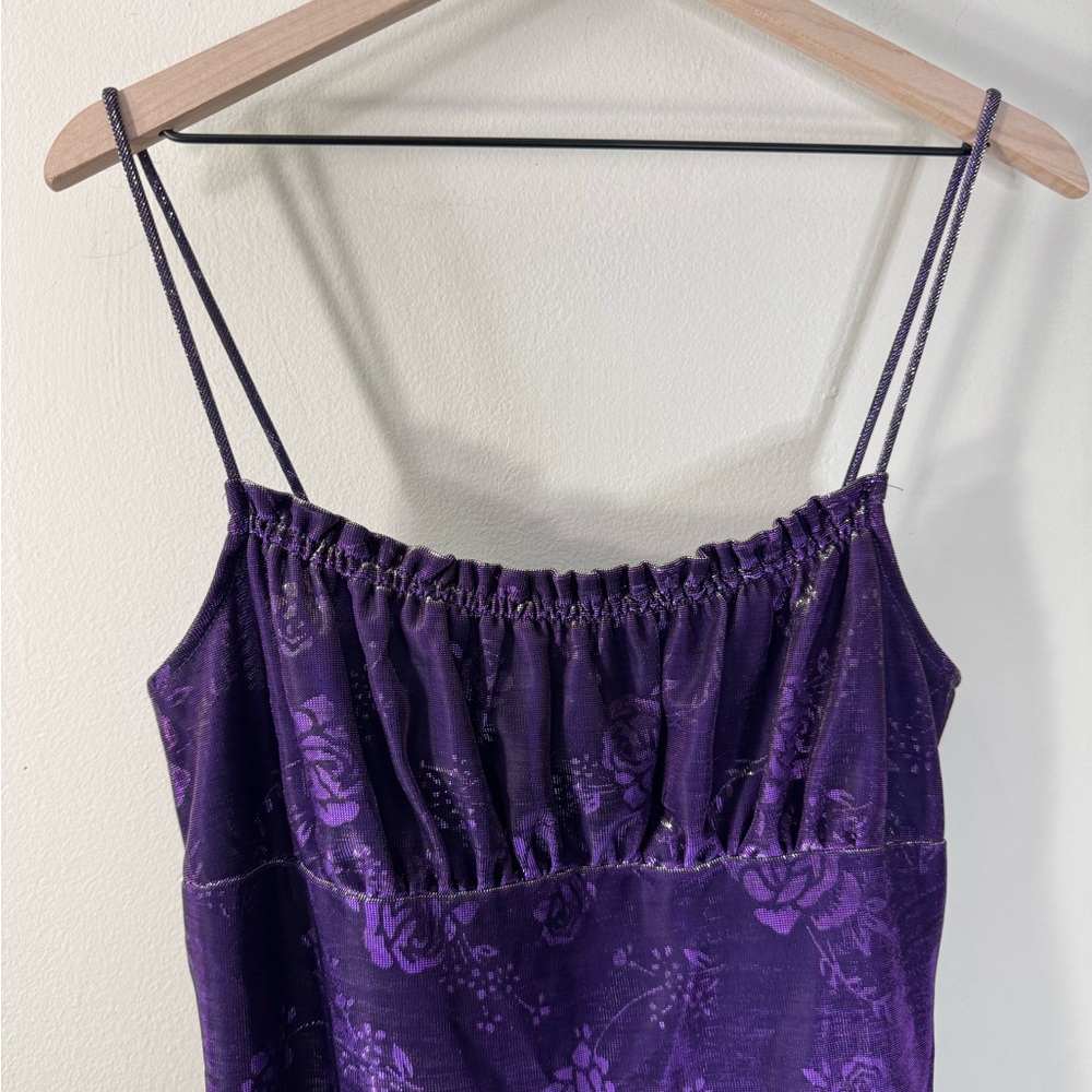 Vintage Purple Holographic Mesh Floral Midi Dress Y2K Size Large - Picture 10 of 11